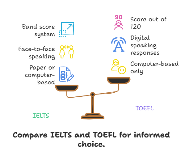 Visual comparison of IELTS vs TOEFL showing key differences in test duration and speaking format. IELTS offers a shorter test duration and live speaking test, while TOEFL includes a longer duration and a recorded speaking test. Balance scale highlights the contrast. Caption reads: Choose based on test format and duration.