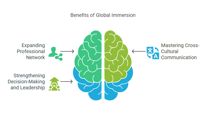 Illustration showing benefits of global immersion: expanding professional networks, cross-cultural communication, and leadership skills for international careers.