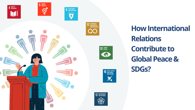 Illustration of a woman speaker at a podium with SDG icons, representing how international relations contribute to global peace and sustainable development.