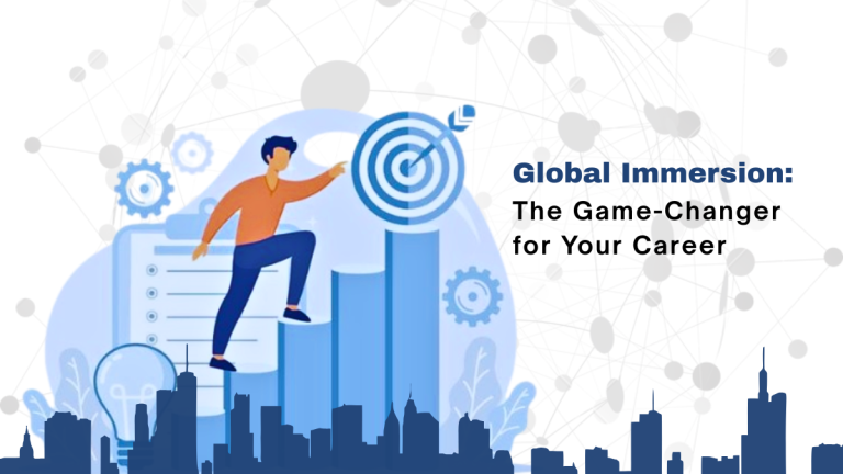 Illustration of a professional climbing a career graph towards a target, symbolizing global immersion for career success