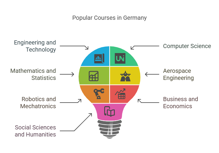 Infographic in the shape of a light bulb illustrating popular courses in Germany, including Engineering, Computer Science, Business, and more.