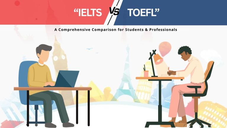 Illustration comparing IELTS and TOEFL, highlighting key differences in test format, scoring, and suitability for students and professionals.