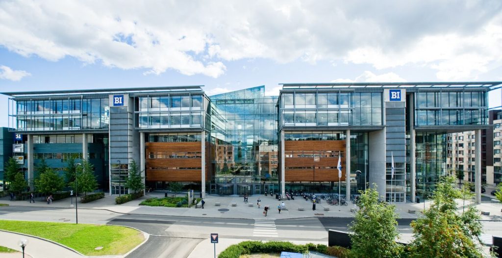 Modern glass façade of BI Norwegian Business School in Oslo, Norway.