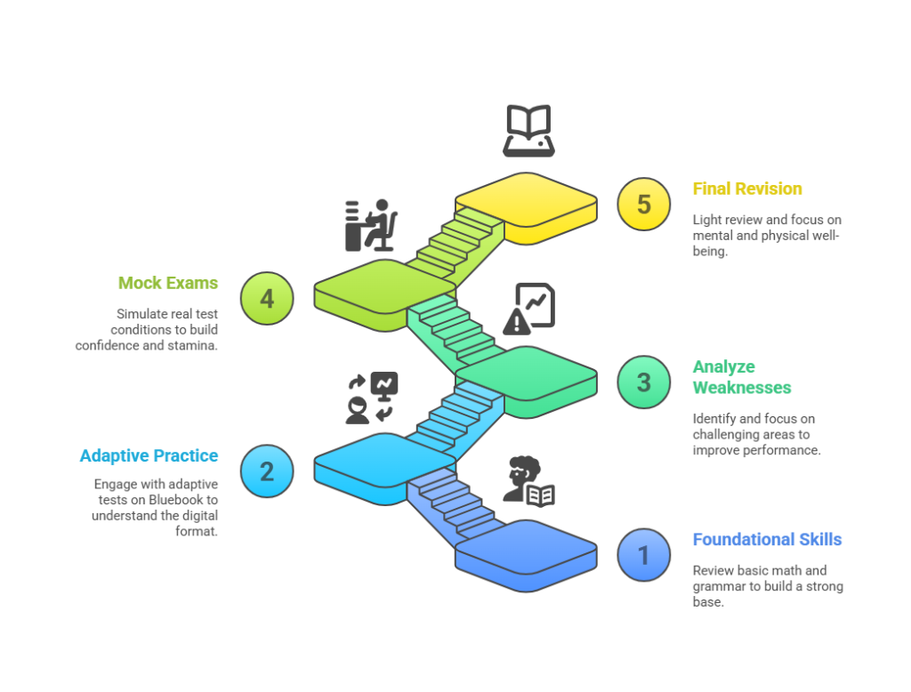 Infographic showing a 5-step SAT 2025 prep strategy, from foundational skills to final revision.