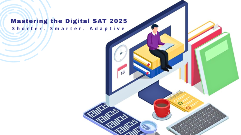 Illustration of student preparing for the Digital SAT 2025 on a computer surrounded by books and study materials