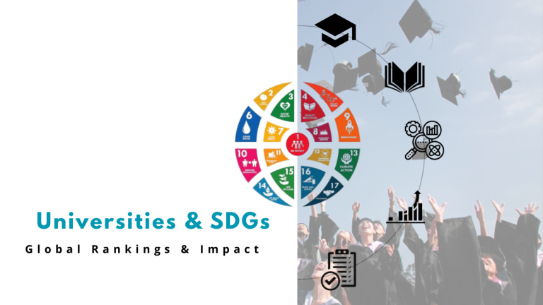 A split-screen image showing university graduates tossing their caps and a colorful wheel representing the 17 UN Sustainable Development Goals (SDGs), highlighting the connection between universities and their contributions to SDG-related global rankings and impact.