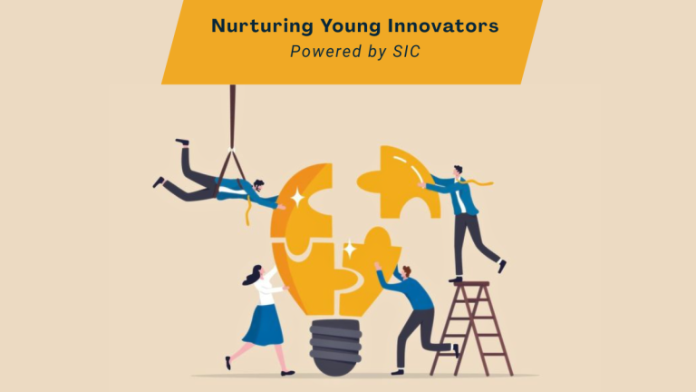 Illustration of four young professionals assembling large puzzle pieces into the shape of a light bulb, symbolizing innovation and teamwork. A banner above reads "Nurturing Young Innovators – Powered by SIC."