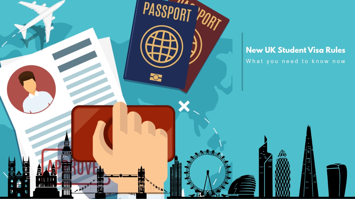 Illustration of people with suitcases and passports, symbolizing international travel, alongside the title "New UK Student Visa Rules (2025): What You Must Know Now".