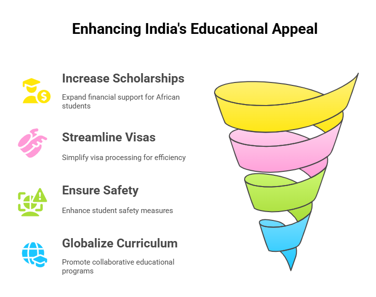 Infographic showing a funnel with four segments and corresponding icons detailing ways to enhance India's appeal as a study destination.