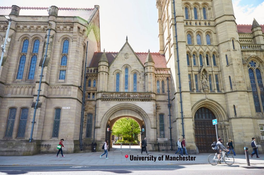 Main building of the University of Manchester with historic architecture and students walking on campus.