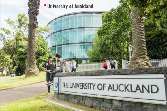Exterior view of the University of Auckland campus, featuring modern architecture and greenery.