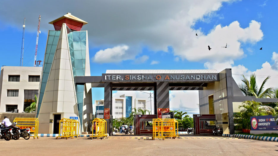 Main entrance gate of ITER, Siksha ‘O’ Anusandhan University, Bhubaneswar, with modern architecture and security barriers.